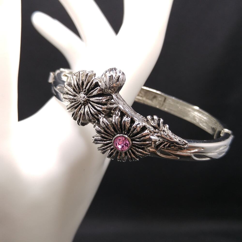 Lenox October Flower Bracelet Pink Rhinestone Silver Tone Hinged - Picture 8 of 10